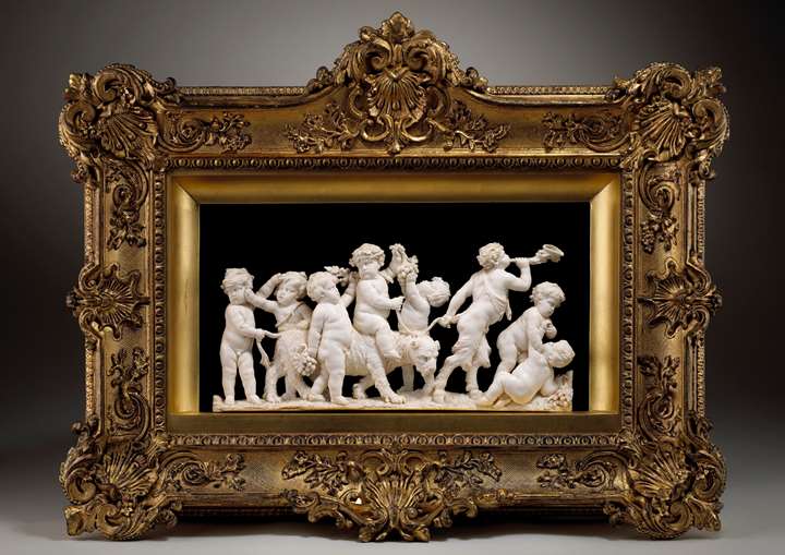 Putti with the infant Bacchus riding a panther led by a young satyr